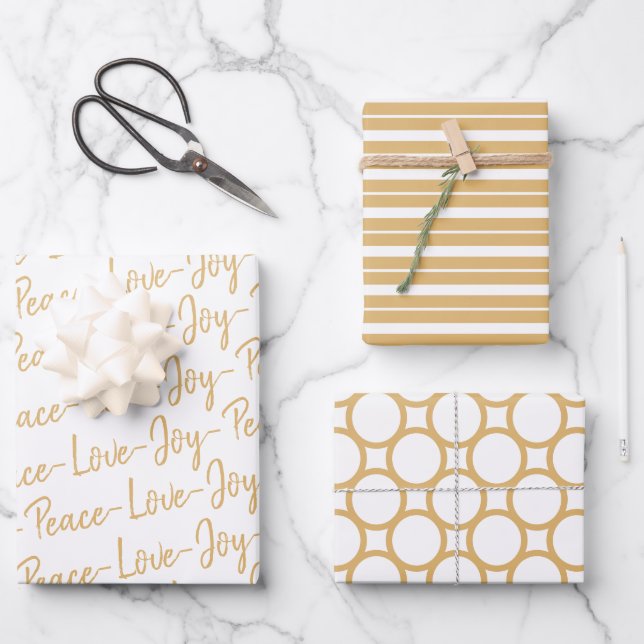 Peace, Love, Joy Gold and White Christmas Wrapping Wrapping Paper Sheet (Front)