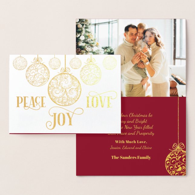 Peace Love Joy Gold Burgundy Christmas Photo   Foil Card (Display)