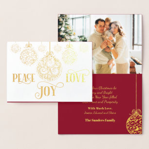 Peace Love Joy Gold Ornaments Christmas Photo Foil Card