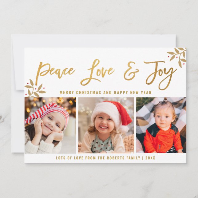PEACE LOVE JOY | gold script christmas Holiday Card (Front)