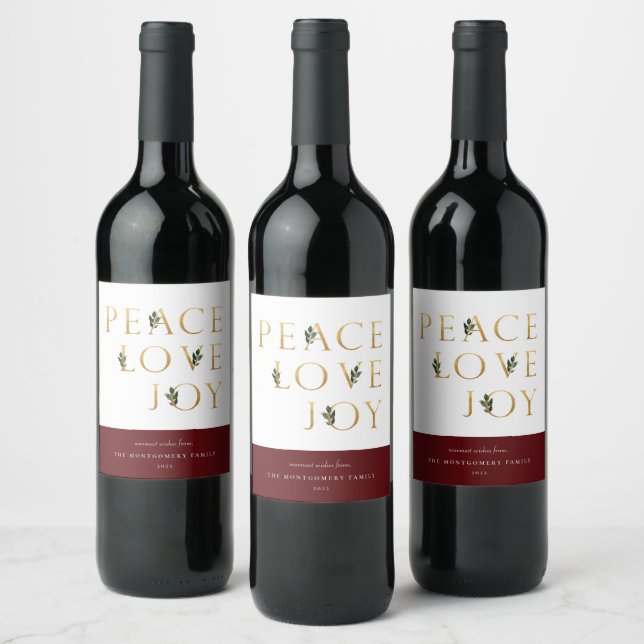Peace Love Joy Golden Botanical Wine Label (Bottles)
