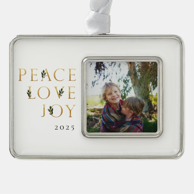 Peace Love Joy Golden Photo Silver Plated Framed Ornament (Front)