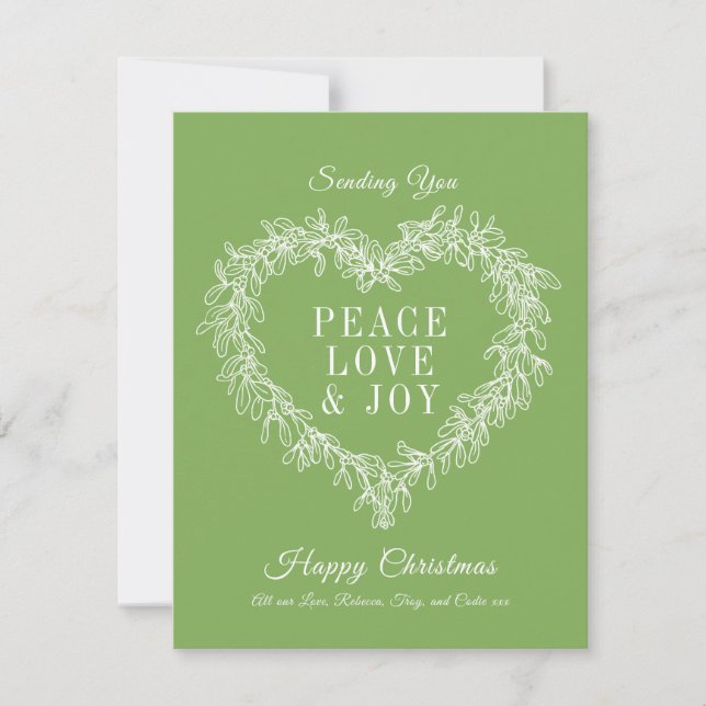 Peace, love joy green mistletoe Christmas card (Front)