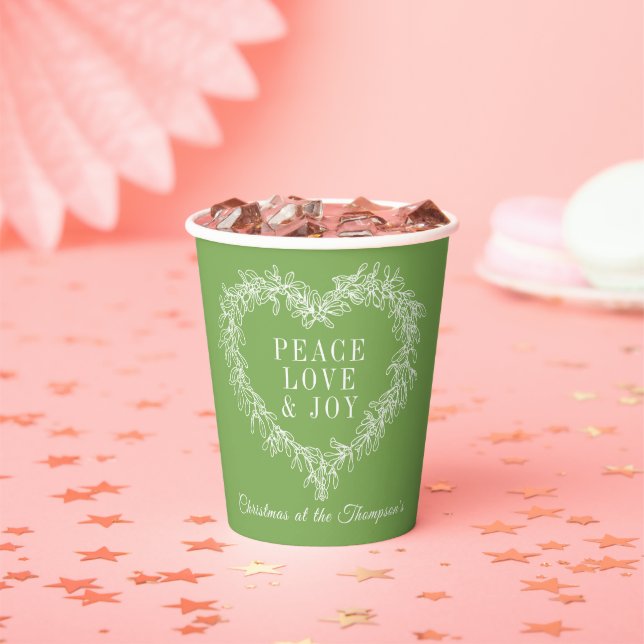 Peace, love joy green mistletoe custom Christmas  Paper Cups (Insitu)