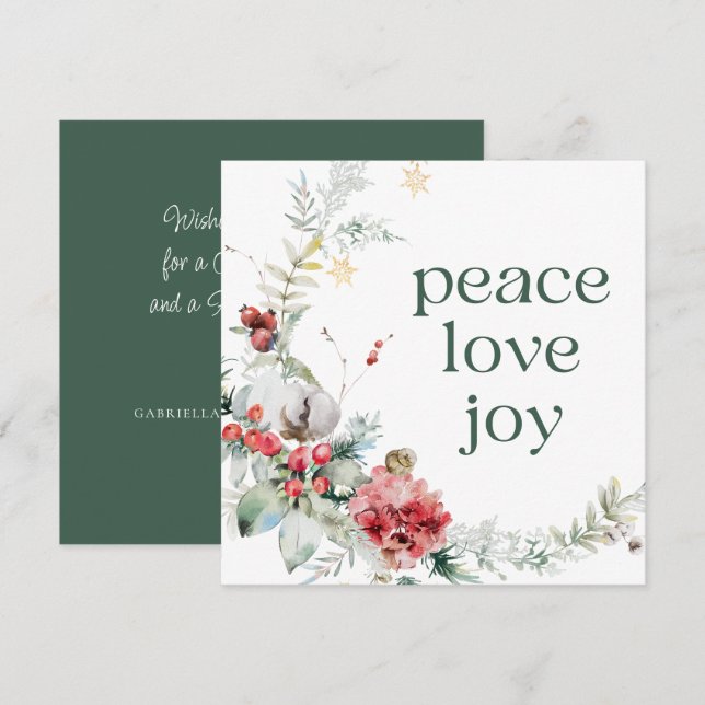 Peace Love Joy Green Square Holiday Card (Front/Back)