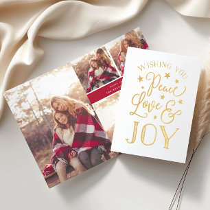 Peace, Love & Joy   Holiday Photo Collage Gold Foil Card