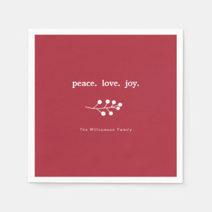 Peace Love Joy Holly Berries Holiday Christmas Red Napkin
