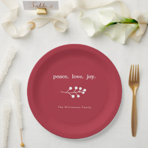 Peace Love Joy Holly Berries Holiday Christmas Red Paper Plate