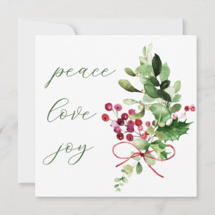 Peace Love Joy Holly Berry Green Holiday Card