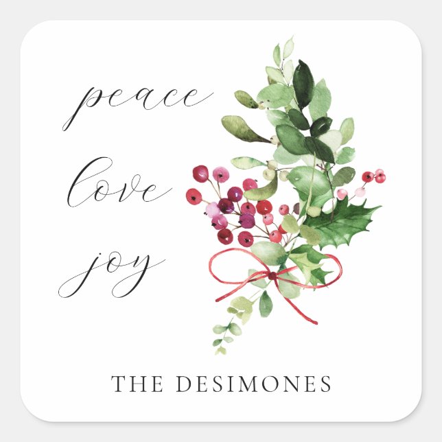 Peace Love Joy Holly Berry Holiday Square Sticker (Front)