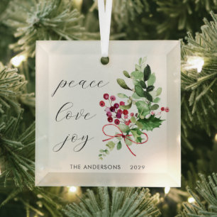 Peace Love Joy Holly Berry Red Glass Tree Decoration