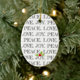 PEACE LOVE JOY Holly Christmas Typography Festive Ceramic Tree Decoration