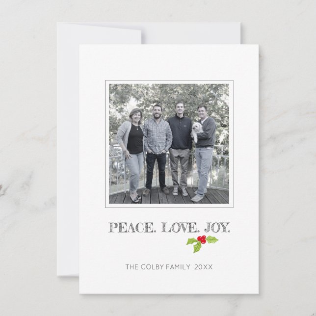 Peace Love Joy Holly Merry Christmas Holiday Photo Card (Front)
