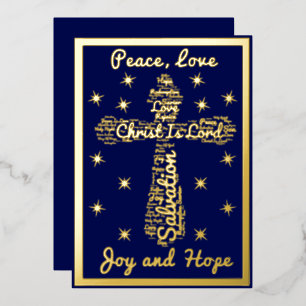 Peace Love Joy Hope Cross Navy Blue and Gold Foil Holiday Card