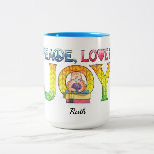 Peace Love Joy Knitting Kitty Personalised Two-Tone Coffee Mug