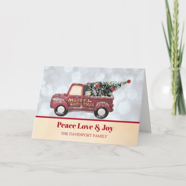 Peace Love & Joy Little Red Truck with Xmas Tree Holiday Card (Front)
