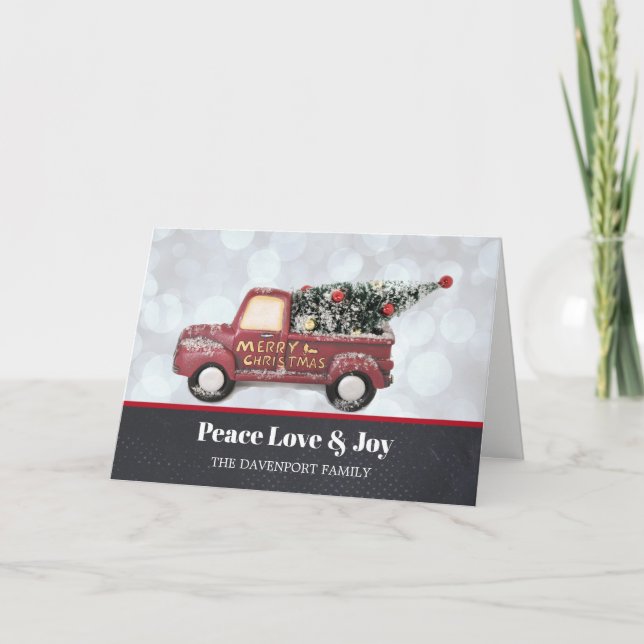 Peace Love & Joy Little Red Truck with Xmas Tree Holiday Card (Front)