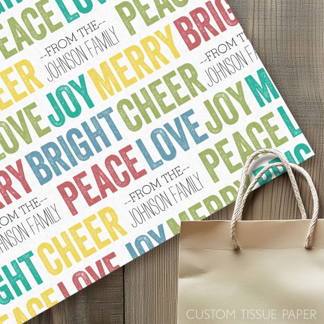 Peace Love Joy Merry Cheer with custom Family Name Tissue Paper (Custom Tissue Paper)