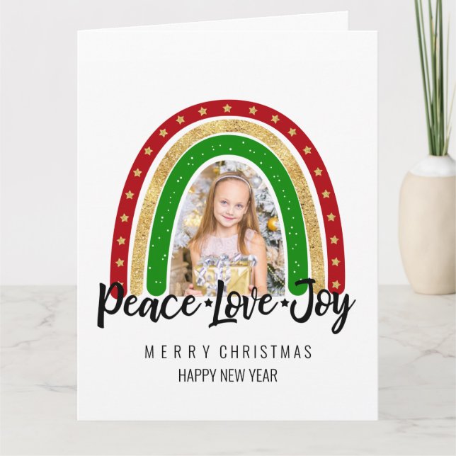 Peace Love Joy Merry Christmas Rainbow Photo Card (Front)