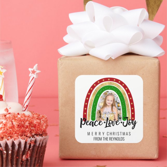 Peace Love Joy Merry Christmas Rainbow Photo Square Sticker (Party)