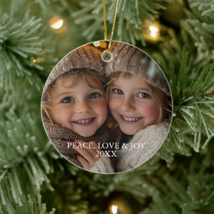 Peace Love Joy Minimal Classic Christmas Photo Ceramic Tree Decoration