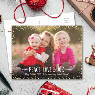 Peace Love Joy Modern Chic Typography Custom Photo Holiday Postcard