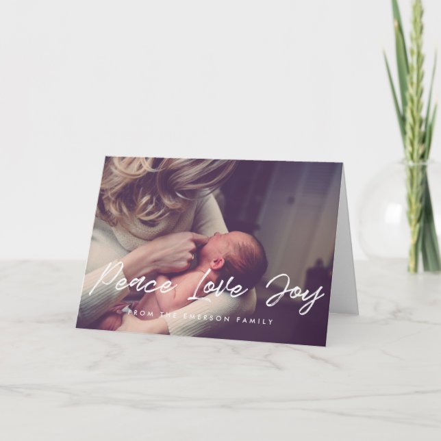 Peace Love Joy Modern Inspirational Photo Holiday Card (Front)