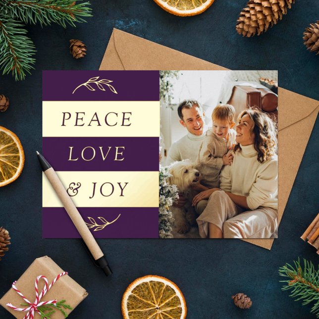 Peace, Love & Joy Modern Photo Christmas Real Foil Holiday Card (Creator Uploaded)