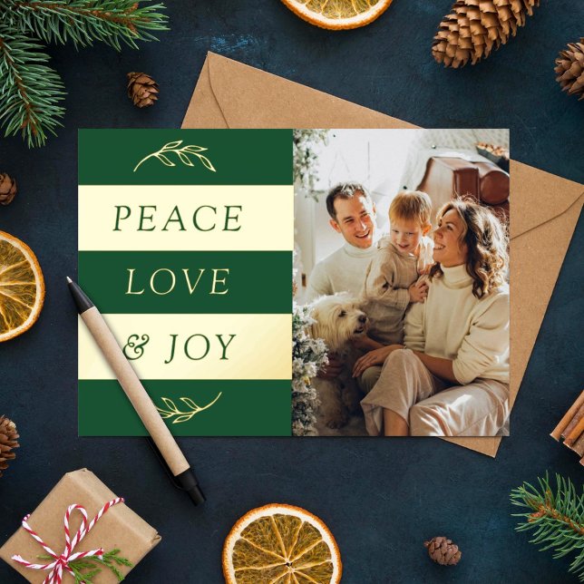 Peace, Love & Joy Modern Photo Christmas Real Foil Holiday Card (Creator Uploaded)