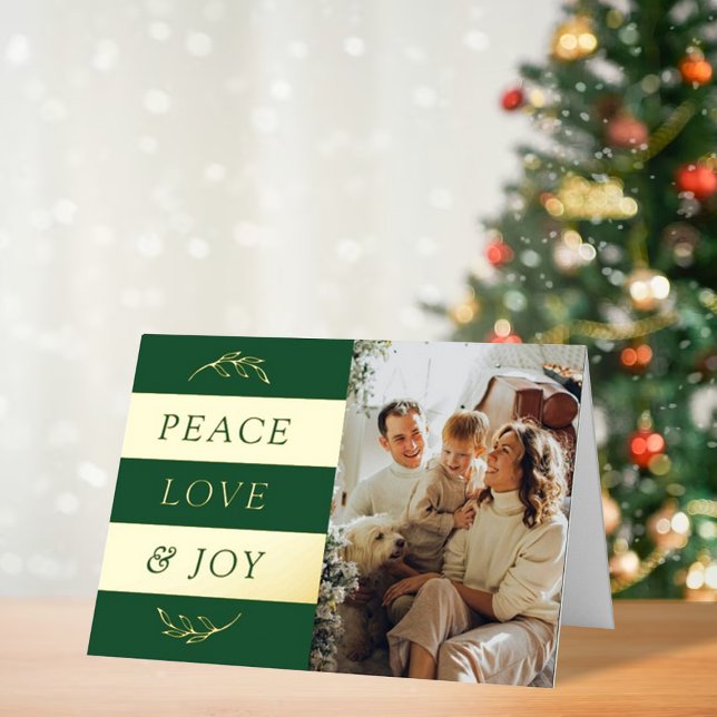 Peace, Love & Joy Modern Photo Christmas Real Foil Holiday Card (Creator Uploaded)