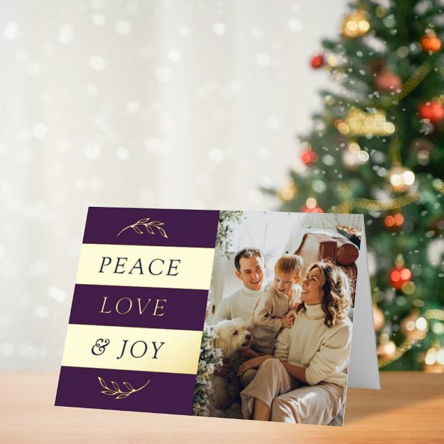 Peace, Love & Joy Modern Photo Christmas Real Foil Holiday Card (Creator Uploaded)