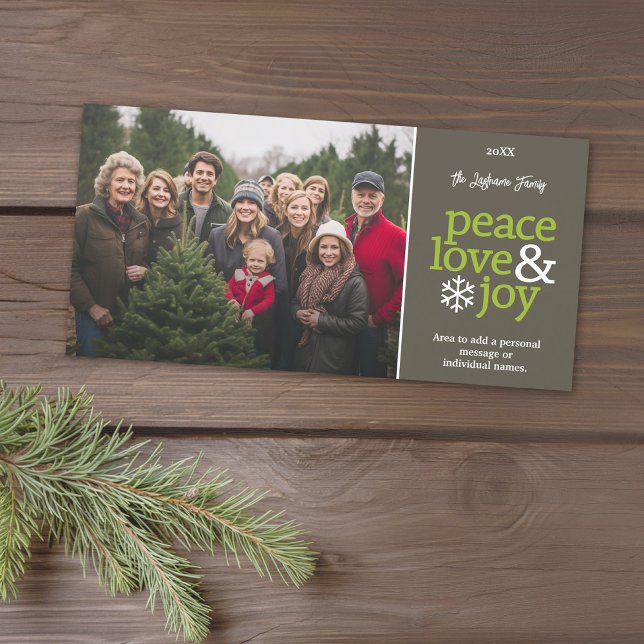 Peace Love & Joy - Modern Photo Holiday Card (A photo card with a Christmas theme. Add 1 photo and greeting. Download option available.)