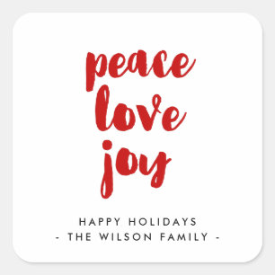 Peace love joy modern red font holiday square sticker