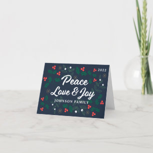 Peace Love & Joy Modern Red Holly Berries Foliage Holiday Card