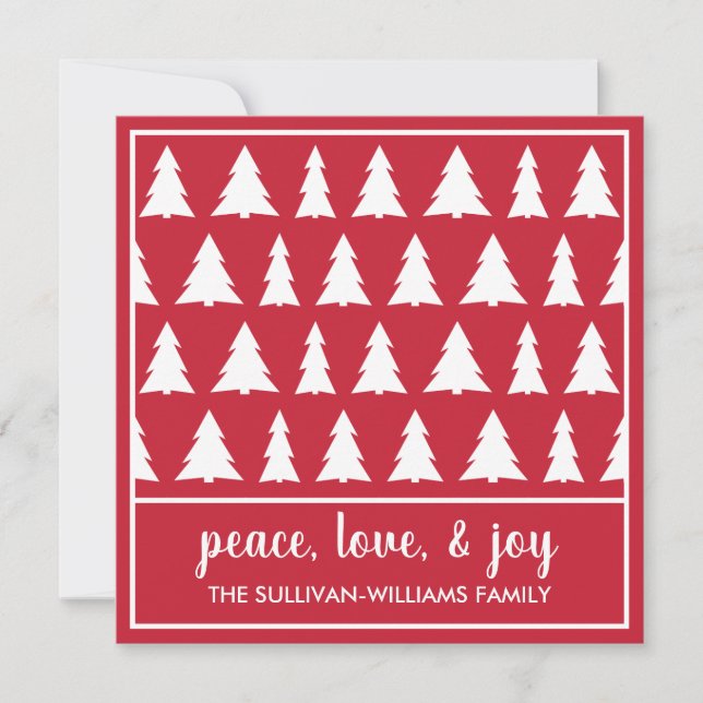 Peace Love Joy Modern Red White Tree Pattern Holiday Card (Front)