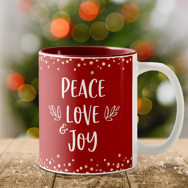 Peace Love Joy Modern Typography Gold Confetti Red Two-Tone Coffee Mug (Creator Uploaded)