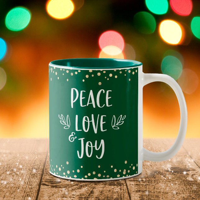 Peace Love Joy Modern Typography Gold Dots Green Two-Tone Coffee Mug (Creator Uploaded)