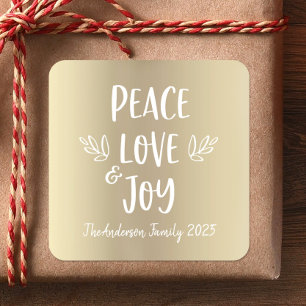 Peace Love Joy Modern Typography Gold Foil Holiday Square Sticker