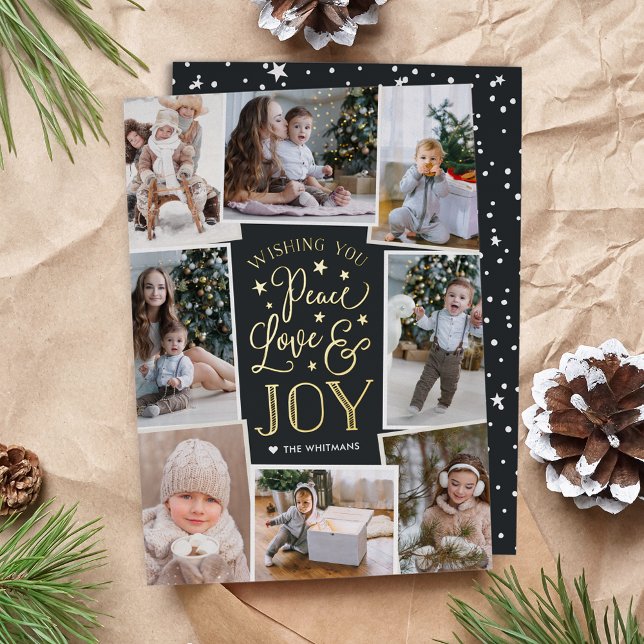 Peace, Love & Joy | Multi Photo Collage Foil Holiday Card (Creator Uploaded)