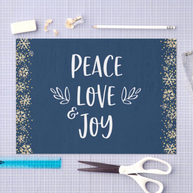 Peace Love Joy Navy Gold Snowflakes Typography Tissue Paper (Craft)