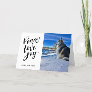 Peace Love Joy New Year Modern Script Photo Holiday Card