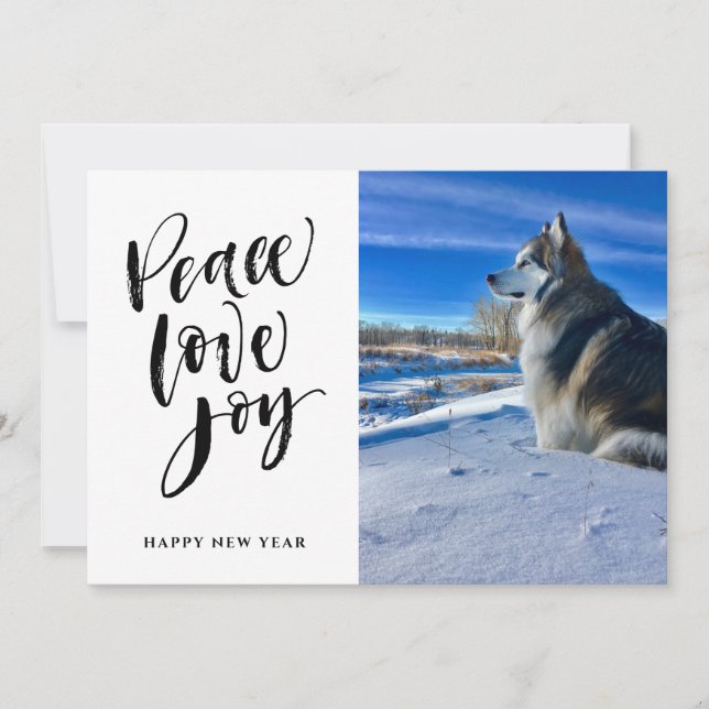 Peace Love Joy | New Year Modern Script Photo Holiday Card (Front)