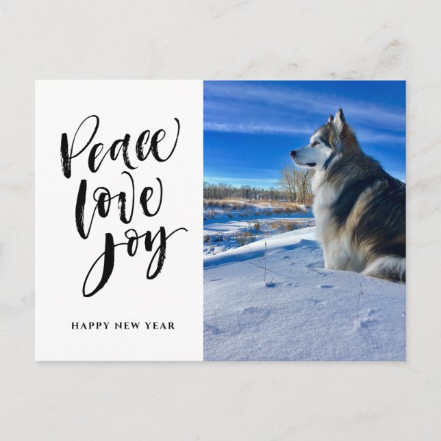 Peace Love Joy | New Year Modern Script Photo Holiday Postcard (Front)