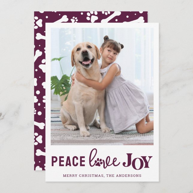 PEACE LOVE JOY Personalised Plum Dog Pet Photo Holiday Card (Front/Back)