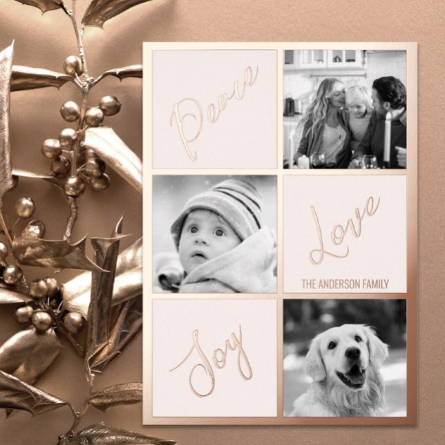 Peace love joy Photo Christmas real rose gold Foil Holiday Card (Creator Uploaded)