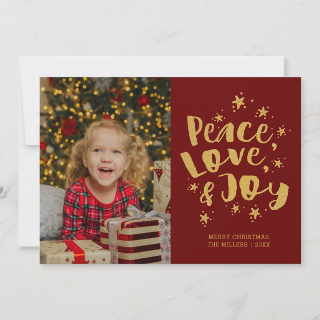 Peace Love Joy Photo Red Gold Christmas Card (Front)
