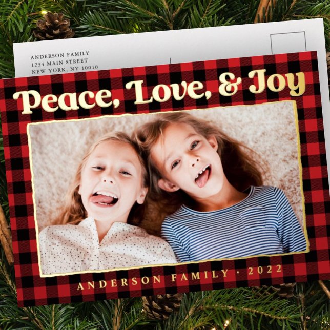 Peace Love & Joy Plaid Pattern Family Photo Foil Holiday Postcard (Creator Uploaded)