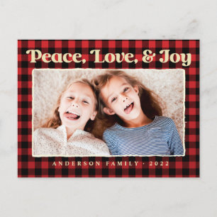 Peace Love & Joy Plaid Pattern Family Photo Holiday Postcard