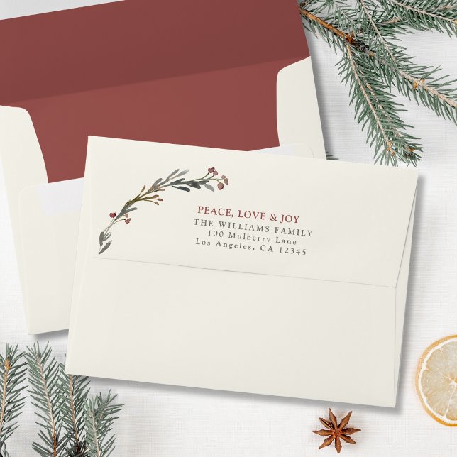 Peace Love Joy Red Berries 5x7 Return Address Envelope (Peace Love and Joy Red Berries 5x7 Return Address Envelope)