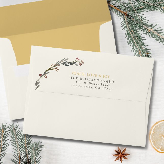 Peace Love Joy Red Berries 5x7 Return Address Envelope (Peace Love and Joy Red Berries 5x7 Return Address Envelope - Gold inside)